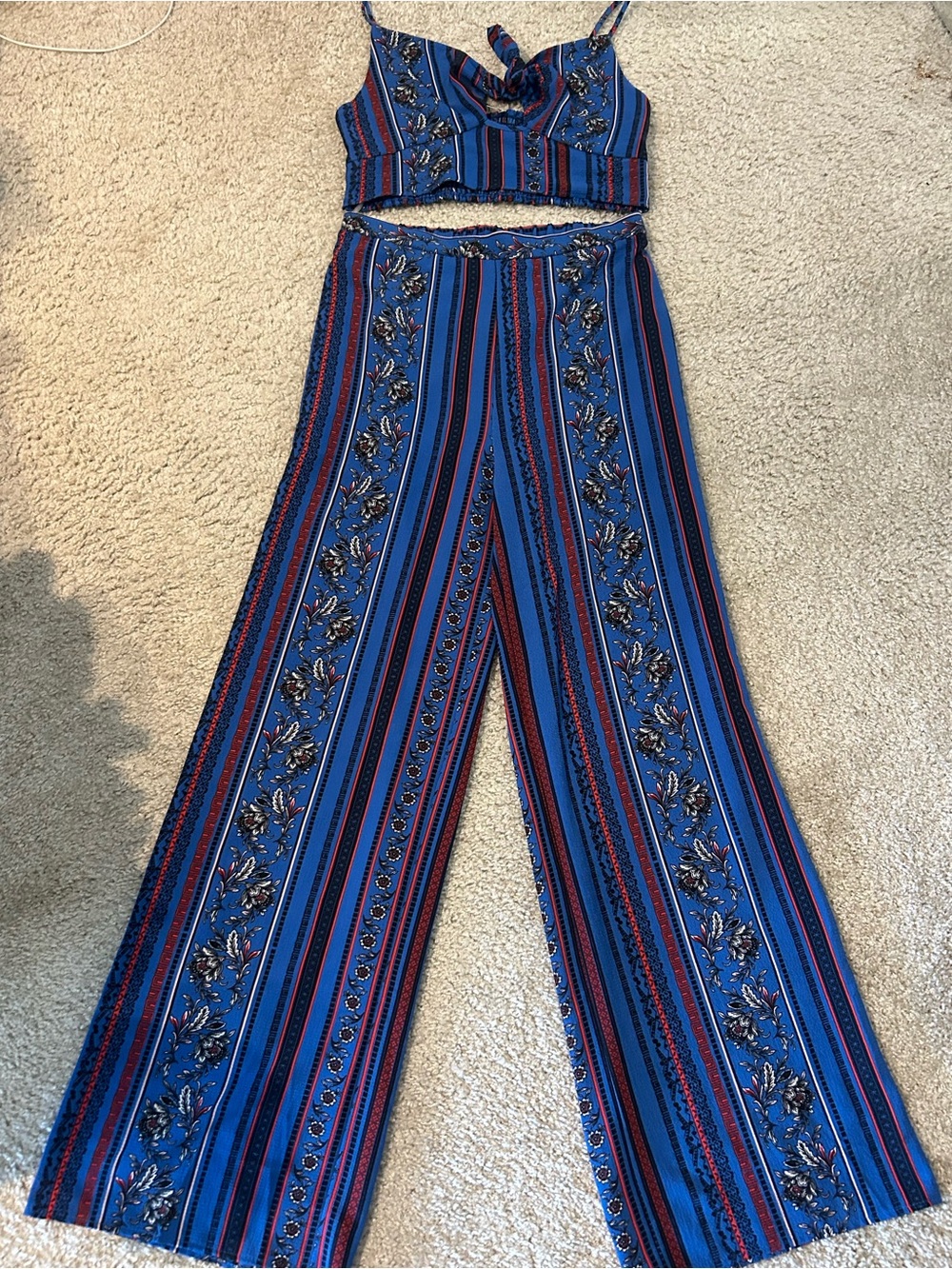 Striped Floral Wide-Leg Jumpsuit Pants Set in Blue